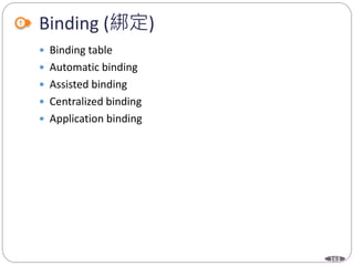 163
Binding (綁定)
 Binding table
 Automatic binding
 Assisted binding
 Centralized binding
 Application binding
 