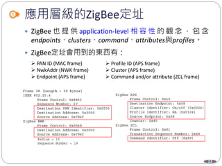 22
應用層級的ZigBee定址
 ZigBee 也 提 供 application-level 相 容 性 的 觀 念 ， 包 含
endpoints、clusters、command、attributes與profiles。
 ZigBee定址會用到的東西有：
 PAN ID (MAC frame)
 NwkAddr (NWK frame)
 Endpoint (APS frame)
 Profile ID (APS frame)
 Cluster (APS frame)
 Command and/or attribute (ZCL frame)
 