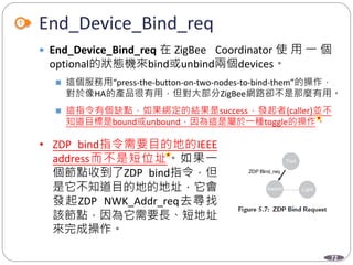 72
End_Device_Bind_req
 End_Device_Bind_req 在 ZigBee Coordinator 使 用 一 個
optional的狀態機來bind或unbind兩個devices。
 這個服務用“press-the-button-on-two-nodes-to-bind-them”的操作，
對於像HA的產品很有用，但對大部分ZigBee網路卻不是那麼有用。
 這指令有個缺點，如果綁定的結果是success，發起者(caller)並不
知道目標是bound或unbound，因為這是屬於一種toggle的操作。
Department of Electronic Engineering, NTUT
• ZDP bind指令需要目的地的IEEE
address而不是短位址。如果一
個節點收到了ZDP bind指令，但
是它不知道目的地的地址，它會
發起ZDP NWK_Addr_req去尋找
該節點，因為它需要長、短地址
來完成操作。
 