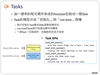 93
Tasks
 由一連串的程式碼所串成的function包裝成一個Task
 Task的類型分成「初始化」與「run-time」兩種
 執行初始化Task會在OSAL啟動時被呼叫
 run-time的task執行則是由事件來觸發
 一個Task一旦跑起來，就會跑到完成才結束
Run-Time Code
(Processing)
Initialization Code
(Setup)
Run on OSAL start up
Run by OSAL on Event
• Task APIs
osal_set_event()
sets the event flags for a task – runs task
osal_init_system()
creates the tasks defined in the task table
osal_start_system()
starts the OSAL main loop
osal_self()
returns the ID of the current task
 