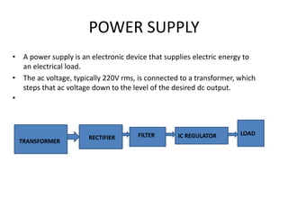 POWER SUPPLY
• A power supply is an electronic device that supplies electric energy to
an electrical load.
• The ac voltage, typically 220V rms, is connected to a transformer, which
steps that ac voltage down to the level of the desired dc output.
•
IC REGULATOR LOAD
TRANSFORMER
RECTIFIER FILTER
 