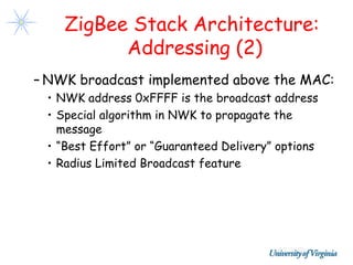 ZigBee Stack Architecture:
          Addressing (2)
– NWK broadcast implemented above the MAC:
 • NWK address 0xFFFF is the broadcast address
 • Special algorithm in NWK to propagate the
   message
 • “Best Effort” or “Guaranteed Delivery” options
 • Radius Limited Broadcast feature
 