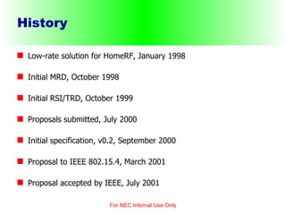 History Low-rate solution for HomeRF, January 1998 Initial MRD, October 1998 Initial RSI/TRD, October 1999 Proposals submitted, July 2000 Initial specification, v0.2, September 2000 Proposal to IEEE 802.15.4, March 2001 Proposal accepted by IEEE, July 2001 For NEC Internal Use Only 