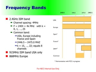 Frequency Bands 2.4GHz ISM band Channel spacing: 4MHz  F = 2404 + 4k MHz  with k = 0, 1, …, 25  Common band: USA, Europe including France and Spain 2446.5 – 2475.0  MHZ k = 15, …, 22; equals 8 channels 915MHz ISM band USA only 868MHz Europe For NEC Internal Use Only USA Europe Spain* France* 2400.0 2483.5 2446.5 2475.0 Japan* Common * Harmonization with FCC in progress 
