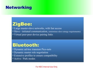 Networking For NEC Internal Use Only Bluetooth: Dynamic ad-hoc transient Pico-nets Dynamic master role negotiation Extensive profiles to ensure compatibility Active / Park modes ZigBee: Large master-slave networks, with fast access Slave - initiated communication,  (minimises slave energy requirements) Virtual peer-peer device pairing links 