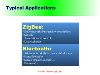 Typical Applications For NEC Internal Use Only Bluetooth: Ad-hoc networks between capable devices Handsfree audio Screen graphics, pictures… File transfer ZigBee: Static networks between low cost devices Sensors  Automation and control Data exchange 