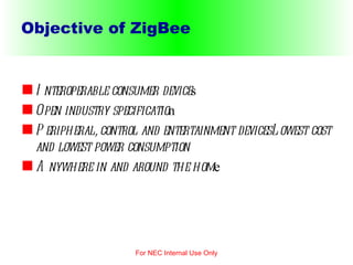 Objective of ZigBee Interoperable consumer device s Open industry specificatio n Peripheral, control and entertainment devicesLowest cost and lowest power consumption  Anywhere in and around the hom e For NEC Internal Use Only 