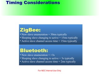 Timing Considerations For NEC Internal Use Only Bluetooth: New slave enumeration = >3s Sleeping slave changing to active = 3s typically Active slave channel access time = 2ms typically ZigBee: New slave enumeration = 30ms typically  Sleeping slave changing to active = 15ms typically Active slave channel access time = 15ms typically  
