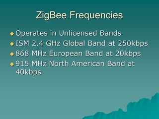 ZigBee Frequencies
 Operates in Unlicensed Bands
 ISM 2.4 GHz Global Band at 250kbps
 868 MHz European Band at 20kbps
 915 MHz North American Band at
40kbps
 