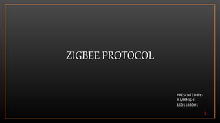 ZIGBEE PROTOCOL
1
PRESENTED BY:-
A MANISH
16011BB001
 