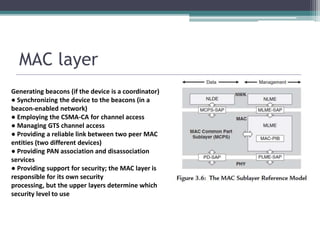 MAC layer
Generating beacons (if the device is a coordinator)
● Synchronizing the device to the beacons (in a
beacon-enabled network)
● Employing the CSMA-CA for channel access
● Managing GTS channel access
● Providing a reliable link between two peer MAC
entities (two different devices)
● Providing PAN association and disassociation
services
● Providing support for security; the MAC layer is
responsible for its own security
processing, but the upper layers determine which
security level to use
 