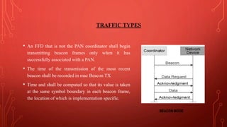TRAFFIC TYPES
• An FFD that is not the PAN coordinator shall begin
transmitting beacon frames only when it has
successfully associated with a PAN.
• The time of the transmission of the most recent
beacon shall be recorded in mac Beacon TX
• Time and shall be computed so that its value is taken
at the same symbol boundary in each beacon frame,
the location of which is implementation specific.
 