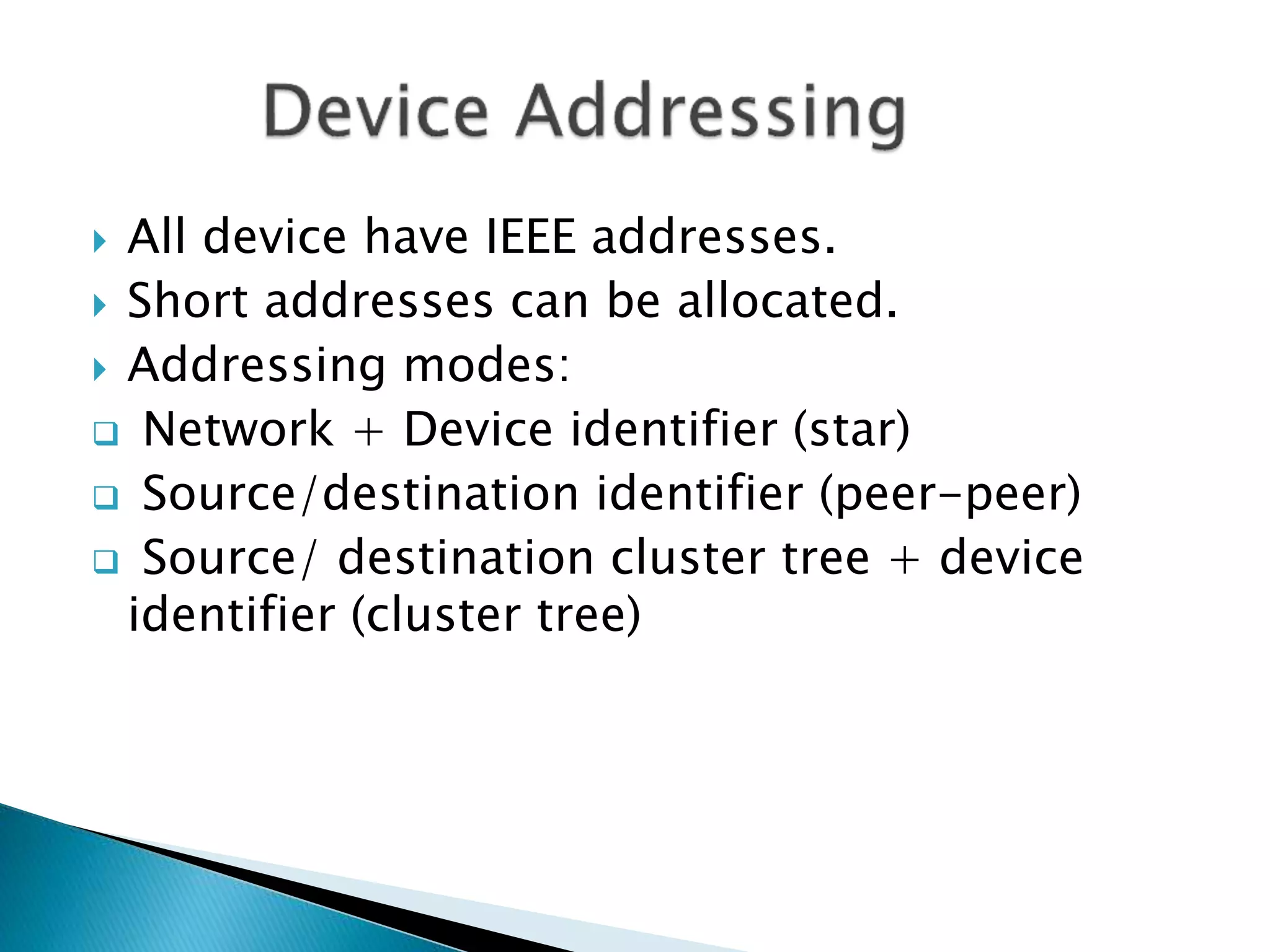  All device have IEEE addresses.
 Short addresses can be allocated.
 Addressing modes:
 Network + Device identifier (star)
 Source/destination identifier (peer-peer)
 Source/ destination cluster tree + device
identifier (cluster tree)
 