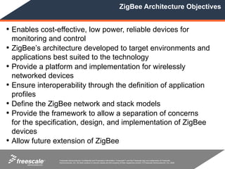 ZigBee Architecture Objectives


• Enables cost-effective, low power, reliable devices for
    monitoring and control
•   ZigBee’s architecture developed to target environments and
    applications best suited to the technology
•   Provide a platform and implementation for wirelessly
    networked devices
•   Ensure interoperability through the definition of application
    profiles
•   Define the ZigBee network and stack models
•   Provide the framework to allow a separation of concerns
    for the specification, design, and implementation of ZigBee
    devices
•   Allow future extension of ZigBee

             TM   Freescale Semiconductor Confidential and Proprietary Information. Freescale™ and the Freescale logo are trademarks of Freescale
                  Semiconductor, Inc. All other product or service names are the property of their respective owners. © Freescale Semiconductor, Inc. 2005.
 