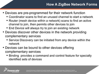 How A ZigBee Network Forms

• Devices are pre-programmed for their network function
   Coordinator scans to find an unused channel to start a network
   Router (mesh device within a network) scans to find an active
    channel to join, then permits other devices to join
   End Device will always try to join an existing network
• Devices discover other devices in the network providing
 complementary services
   Service Discovery can be initiated from any device within the
    network
• Devices can be bound to other devices offering
 complementary services
   Binding provides a command and control feature for specially
    identified sets of devices


           TM   Freescale Semiconductor Confidential and Proprietary Information. Freescale™ and the Freescale logo are trademarks of Freescale
                Semiconductor, Inc. All other product or service names are the property of their respective owners. © Freescale Semiconductor, Inc. 2005.
 