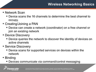 Wireless Networking Basics

• Network Scan
   Device scans the 16 channels to determine the best channel to
    occupy.
• Creating/Joining a PAN
   Device can create a network (coordinator) on a free channel or
    join an existing network
• Device Discovery
   Device queries the network to discover the identity of devices on
    active channels
• Service Discovery
   Device scans for supported services on devices within the
    network
• Binding
   Devices communicate via command/control messaging

            TM   Freescale Semiconductor Confidential and Proprietary Information. Freescale™ and the Freescale logo are trademarks of Freescale
                 Semiconductor, Inc. All other product or service names are the property of their respective owners. © Freescale Semiconductor, Inc. 2005.
 
