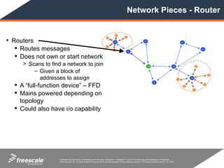 Network Pieces - Router


• Routers
   Routes messages
   Does not own or start network
     > Scans to find a network to join
         – Given a block of
           addresses to assign
   A “full-function device” – FFD
   Mains powered depending on
    topology
   Could also have i/o capability




             TM    Freescale Semiconductor Confidential and Proprietary Information. Freescale™ and the Freescale logo are trademarks of Freescale
                   Semiconductor, Inc. All other product or service names are the property of their respective owners. © Freescale Semiconductor, Inc. 2005.
 