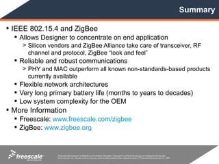 Summary

• IEEE 802.15.4 and ZigBee
   Allows Designer to concentrate on end application
    > Silicon vendors and ZigBee Alliance take care of transceiver, RF
      channel and protocol, ZigBee “look and feel”
   Reliable and robust communications
    > PHY and MAC outperform all known non-standards-based products
      currently available
   Flexible network architectures
   Very long primary battery life (months to years to decades)
   Low system complexity for the OEM
• More Information
   Freescale: www.freescale.com/zigbee
   ZigBee: www.zigbee.org



           TM    Freescale Semiconductor Confidential and Proprietary Information. Freescale™ and the Freescale logo are trademarks of Freescale
                 Semiconductor, Inc. All other product or service names are the property of their respective owners. © Freescale Semiconductor, Inc. 2005.
 