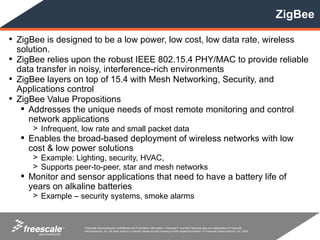 ZigBee

• ZigBee is designed to be a low power, low cost, low data rate, wireless
  solution.
• ZigBee relies upon the robust IEEE 802.15.4 PHY/MAC to provide reliable
  data transfer in noisy, interference-rich environments
• ZigBee layers on top of 15.4 with Mesh Networking, Security, and
  Applications control
• ZigBee Value Propositions
    Addresses the unique needs of most remote monitoring and control
     network applications
      > Infrequent, low rate and small packet data
    Enables the broad-based deployment of wireless networks with low
     cost & low power solutions
      > Example: Lighting, security, HVAC,
      > Supports peer-to-peer, star and mesh networks
    Monitor and sensor applications that need to have a battery life of
     years on alkaline batteries
      > Example – security systems, smoke alarms


              TM    Freescale Semiconductor Confidential and Proprietary Information. Freescale™ and the Freescale logo are trademarks of Freescale
                    Semiconductor, Inc. All other product or service names are the property of their respective owners. © Freescale Semiconductor, Inc. 2005.
 