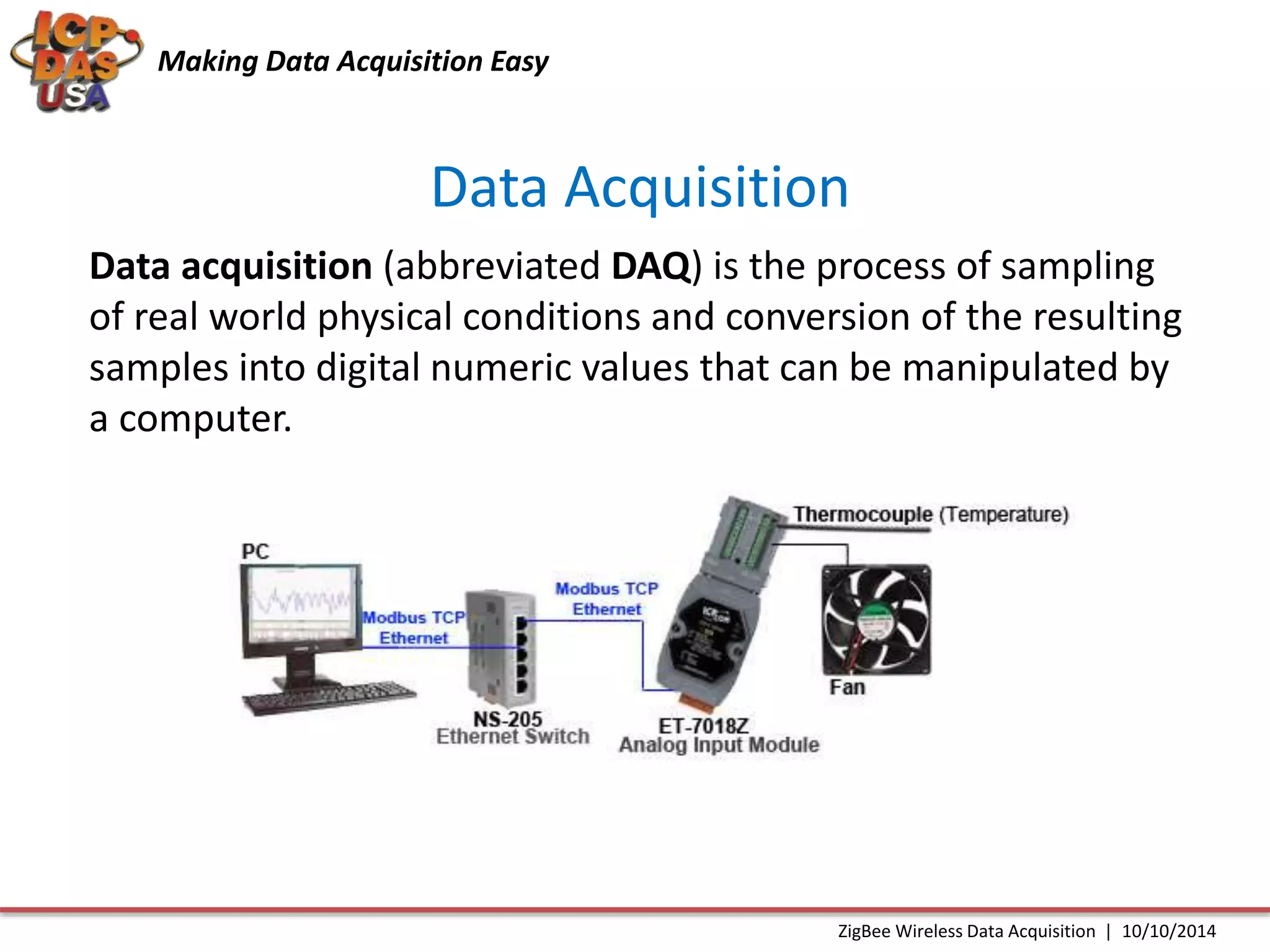 Making Data Acquisition Easy 
Data Acquisition 
Data acquisition (abbreviated DAQ) is the process of sampling 
of real world physical conditions and conversion of the resulting 
samples into digital numeric values that can be manipulated by 
a computer. 
ZigBee Wireless Data Acquisition | 10/10/2014 
 