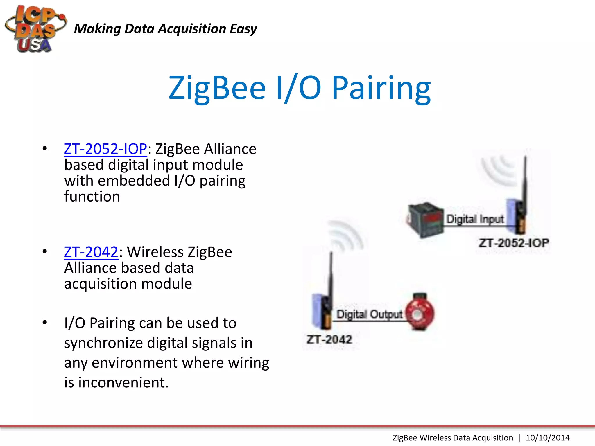 Making Data Acquisition Easy 
ZigBee I/O Pairing 
• ZT-2052-IOP: ZigBee Alliance 
based digital input module 
with embedded I/O pairing 
function 
• ZT-2042: Wireless ZigBee 
Alliance based data 
acquisition module 
• I/O Pairing can be used to 
synchronize digital signals in 
any environment where wiring 
is inconvenient. 
ZigBee Wireless Data Acquisition | 10/10/2014 
 