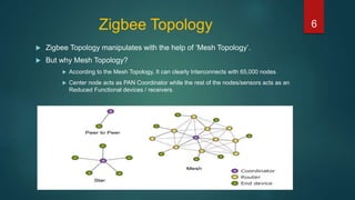 Zigbee Topology 6
 Zigbee Topology manipulates with the help of ‘Mesh Topology’.
 But why Mesh Topology?
 According to the Mesh Topology, It can clearly Interconnects with 65,000 nodes
 Center node acts as PAN Coordinator while the rest of the nodes/sensors acts as an
Reduced Functional devices / receivers.
 