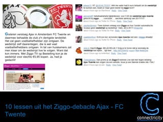 Gisteren versloeg Ajax in Amsterdam FC Twente en daarmee behaalde de club z'n dertigste landstitel. Het zal geen voetballiefhebber zijn ontgaan. De wedstrijd zelfdaarentegen, die is wel veel voetballiefhebbers ontgaan. In tal van huiskamers zat men klaar om de wedstrijd live te volgen. Want dat kon immers. Met Ziggo TV op Bestelling kon je de wedstrijd voor slechts €5,95 kopen. Ja, had je gedacht! 10 lessen uit het Ziggo-debacle Ajax - FC Twente 