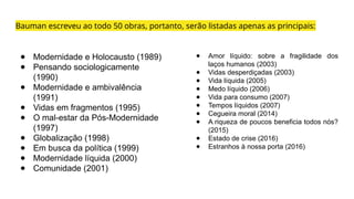 Bauman escreveu ao todo 50 obras, portanto, serão listadas apenas as principais:
● Modernidade e Holocausto (1989)
● Pensando sociologicamente
(1990)
● Modernidade e ambivalência
(1991)
● Vidas em fragmentos (1995)
● O mal-estar da Pós-Modernidade
(1997)
● Globalização (1998)
● Em busca da política (1999)
● Modernidade líquida (2000)
● Comunidade (2001)
● Amor líquido: sobre a fragilidade dos
laços humanos (2003)
● Vidas desperdiçadas (2003)
● Vida líquida (2005)
● Medo líquido (2006)
● Vida para consumo (2007)
● Tempos líquidos (2007)
● Cegueira moral (2014)
● A riqueza de poucos beneficia todos nós?
(2015)
● Estado de crise (2016)
● Estranhos à nossa porta (2016)
 