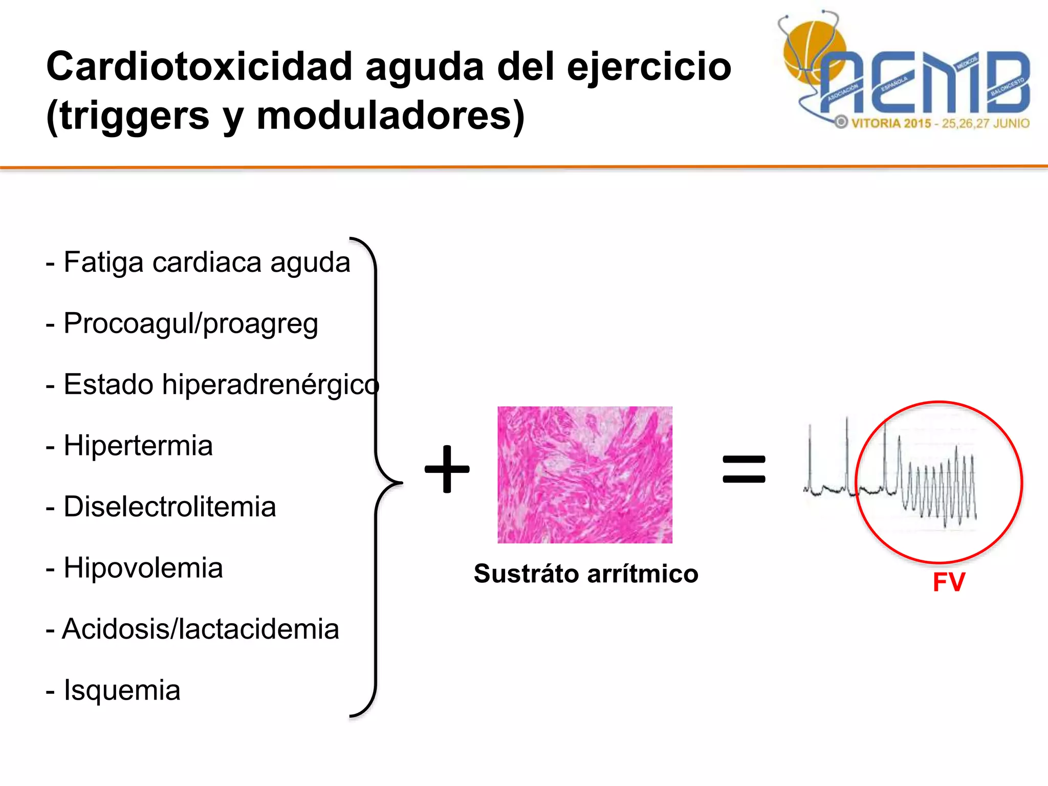 - Fatiga cardiaca aguda
- Procoagul/proagreg
- Estado hiperadrenérgico
- Hipertermia
- Diselectrolitemia
- Hipovolemia
- Acidosis/lactacidemia
- Isquemia
Cardiotoxicidad aguda del ejercicio
(triggers y moduladores)
+
Sustráto arrítmico
=
FV
 