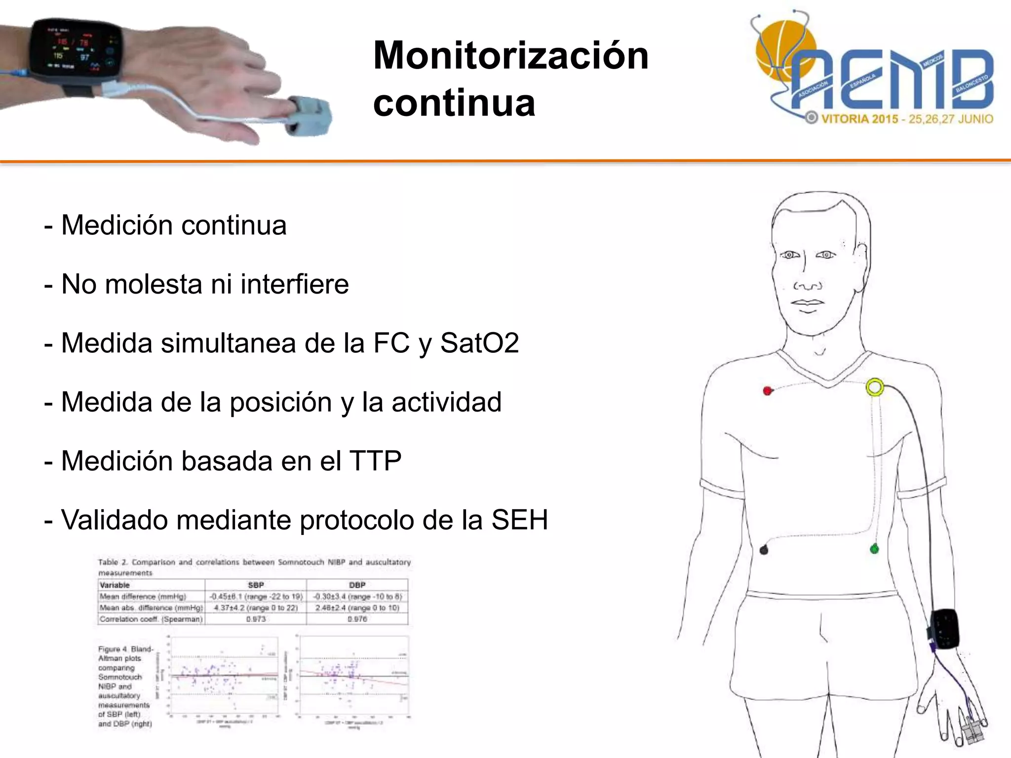 Monitorización
continua
- Medición continua
- No molesta ni interfiere
- Medida simultanea de la FC y SatO2
- Medida de la posición y la actividad
- Medición basada en el TTP
- Validado mediante protocolo de la SEH
 