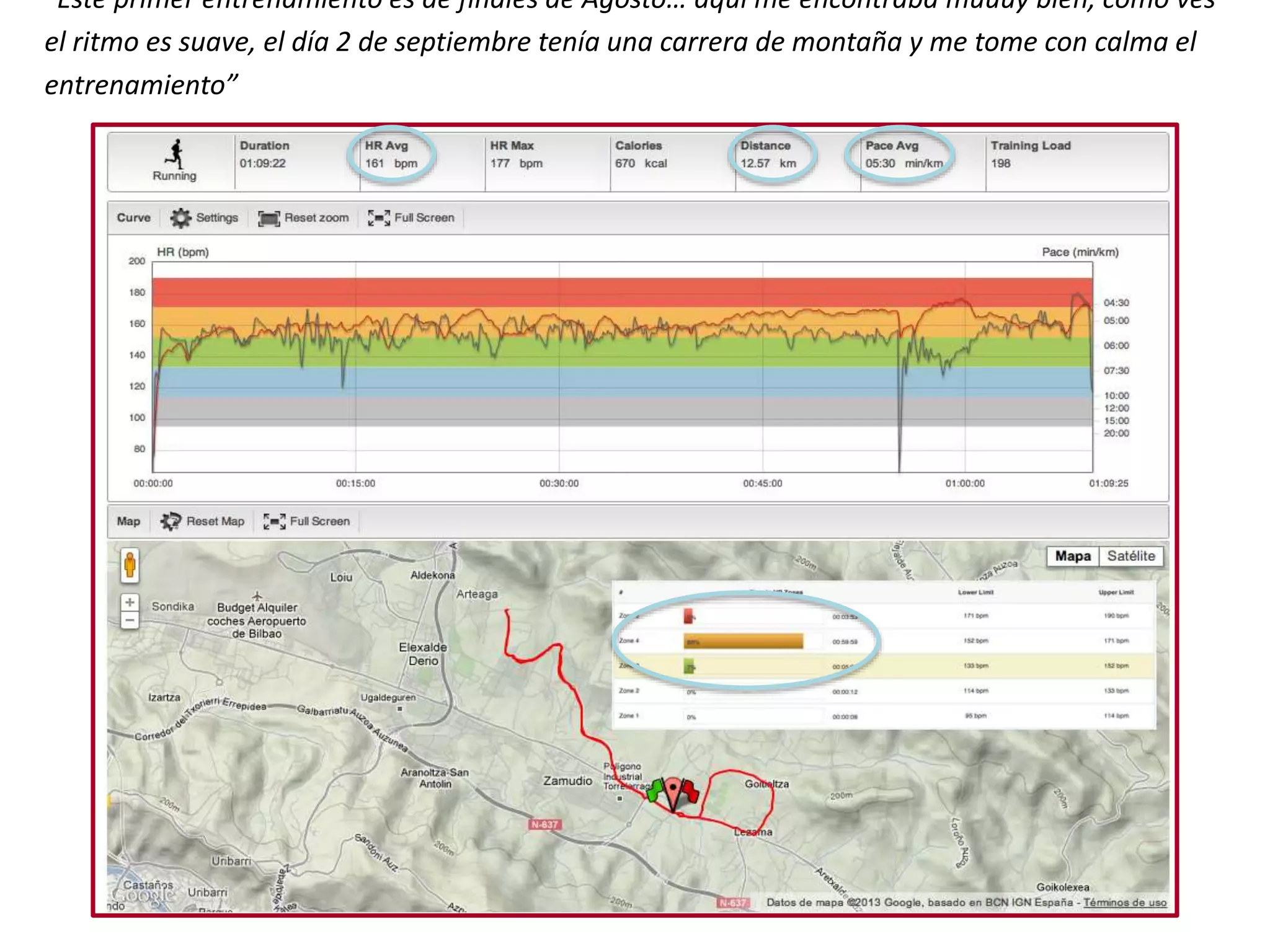 “Éste primer entrenamiento es de finales de Agosto… aquí me encontraba muuuy bien, como ves
el ritmo es suave, el día 2 de septiembre tenía una carrera de montaña y me tome con calma el
entrenamiento”
 