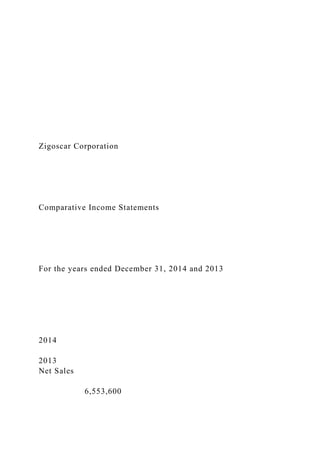 Zigoscar Corporation
Comparative Income Statements
For the years ended December 31, 2014 and 2013
2014
2013
Net Sales
6,553,600
 