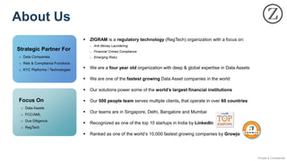 Private & Confidential
▪ ZIGRAM is a regulatory technology (RegTech) organization with a focus on:
o Anti Money Laundering
o Financial Crimes Compliance
o Emerging Risks
▪ We are a four year old organization with deep & global expertise in Data Assets
▪ We are one of the fastest growing Data Asset companies in the world
▪ Our solutions power some of the world’s largest financial institutions
▪ Our 500 people team serves multiple clients, that operate in over 60 countries
▪ Our teams are in Singapore, Delhi, Bangalore and Mumbai
▪ Recognized as one of the top 10 startups in India by LinkedIn
▪ Ranked as one of the world’s 10,000 fastest growing companies by Growjo
About Us
Focus On
o Data Assets
o FCC/AML
o Due Diligence
o RegTech
Strategic Partner For
o Data Companies
o Risk & Compliance Functions
o KYC Platforms / Technologies
 