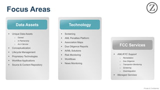 Private & Confidential
Focus Areas
Data Assets
▪ Unique Data Assets
o Owned
o In Partnership
o As A Service
▪ Conceptualization
▪ Lifecycle Management
▪ Proprietary Technologies
▪ Workflow Applications
▪ Source & Content Repository
Technology
▪ Screening
▪ AML Penalties Platform
▪ Association Maps
▪ Due Diligence Reports
▪ AI/ML Solutions
▪ Risk Monitoring
▪ Workflows
▪ News Monitoring
FCC Services
▪ AML/KYC Support
o Remediation
o Due Diligence
o Transaction Monitoring
o Screening
o Disambiguation
▪ Managed Services
 