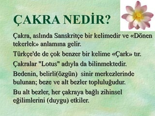ÇAKRA NEDİR?
Çakra, aslında Sanskritçe bir kelimedir ve «DönenÇakra, aslında Sanskritçe bir kelimedir ve «Dönen
tekerlek» anlamına gelir.tekerlek» anlamına gelir.
Türkçe'de de çok benzer bir kelime «Çark» tır.Türkçe'de de çok benzer bir kelime «Çark» tır.
Çakralar "Lotus" adıyla da bilinmektedir.Çakralar "Lotus" adıyla da bilinmektedir.
Bedenin, belirli(özgün) sinir merkezlerindeBedenin, belirli(özgün) sinir merkezlerinde
bulunan; beze ve alt bezler topluluğudur.bulunan; beze ve alt bezler topluluğudur.
Bu alt bezler, her çakraya bağlı zihinselBu alt bezler, her çakraya bağlı zihinsel
eğilimlerini (duygu) etkiler.eğilimlerini (duygu) etkiler.
 