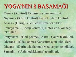 YOGA’NIN 8 BASAMAĞIYOGA’NIN 8 BASAMAĞI
Yama - (Kontrol) Evrensel eylem kontrolü.
Niyama - (Kesin kontrol) Kişisel eylem kontrolü.
Asana - (Duruş) Vücut çalıştırma teknikleri..
Pranayama - (Enerji kontrolü) Nefes ve biyoenerji
teknikleri
Pratyahara - (Geri çekmek) Astral, Çakra teknikleri.
Dharana - (Odaklanma) Konsantrasyon teknikleri.
Dhyana - (Derin odaklanma) Meditasyon teknikleri.
Samadhi - (Üstün odaklanma) teknikleri.
 