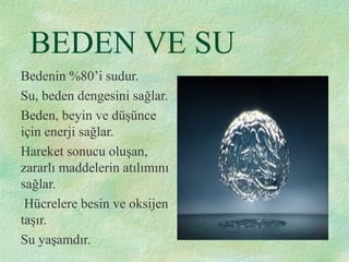 BEDEN VE SU
Bedenin %80’i sudur.
Su, beden dengesini sağlar.
Beden, beyin ve düşünce
için enerji sağlar.
Hareket sonucu oluşan,
zararlı maddelerin atılımını
sağlar.
Hücrelere besin ve oksijen
taşır.
Su yaşamdır.
 