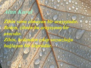 Altın Kural
Zihin sonu olmayan bir arayıştadır.
Beden, zihnin bu arayışının bir
aracıdır.
Zihin, bedenden çıkıp sozsuzluğa
bağlayan bir köprüdür.
 