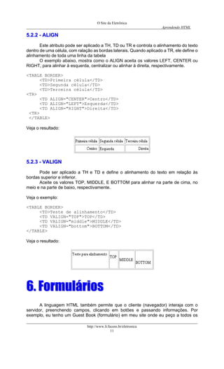 O Site da Eletrônica 
Aprendendo HTML 
55..22..22 -- AALLIIGGNN 
Este atributo pode ser aplicado a TH, TD ou TR e controla o alinhamento do texto dentro de uma célula, com ralação as bordas laterais. Quando aplicado a TR, ele define o alinhamento de toda uma linha da tabela 
O exemplo abaixo, mostra como o ALIGN aceita os valores LEFT, CENTER ou RIGHT, para alinhar à esquerda, centralizar ou alinhar à direita, respectivamente. 
<TABLE BORDER> 
<TD>Primeira célula</TD> 
<TD>Segunda célula</TD> 
<TD>Terceira célula</TD> 
<TR> 
<TD ALIGN="CENTER">Centro</TD> 
<TD ALIGN="LEFT">Esquerda</TD> 
<TD ALIGN="RIGHT">Direita</TD> 
<TR> 
</TABLE> 
Veja o resultado: 
55..22..33 -- VVAALLIIGGNN 
Pode ser aplicado a TH e TD e define o alinhamento do texto em relação às bordas superior e inferior. 
Aceite os valores TOP, MIDDLE, E BOTTOM para alinhar na parte de cima, no meio e na parte de baixo, respectivamente. 
Veja o exemplo: 
<TABLE BORDER> 
<TD>Teste de alinhamento</TD> 
<TD VALIGN="TOP">TOP</TD> 
<TD VALIGN="middle">MIDDLE</TD> 
<TD VALIGN="bottom">BOTTOM</TD> 
</TABLE> 
Veja o resultado: 
66.. FFoorrmmuulláárriiooss 
A linguagem HTML também permite que o cliente (navegador) interaja com o servidor, preenchendo campos, clicando em botões e passando informações. Por exemplo, eu tenho um Guest Book (formulário) em meu site onde eu peço a todos os 
http://www.li.facens.br/eletronica 
11 
 