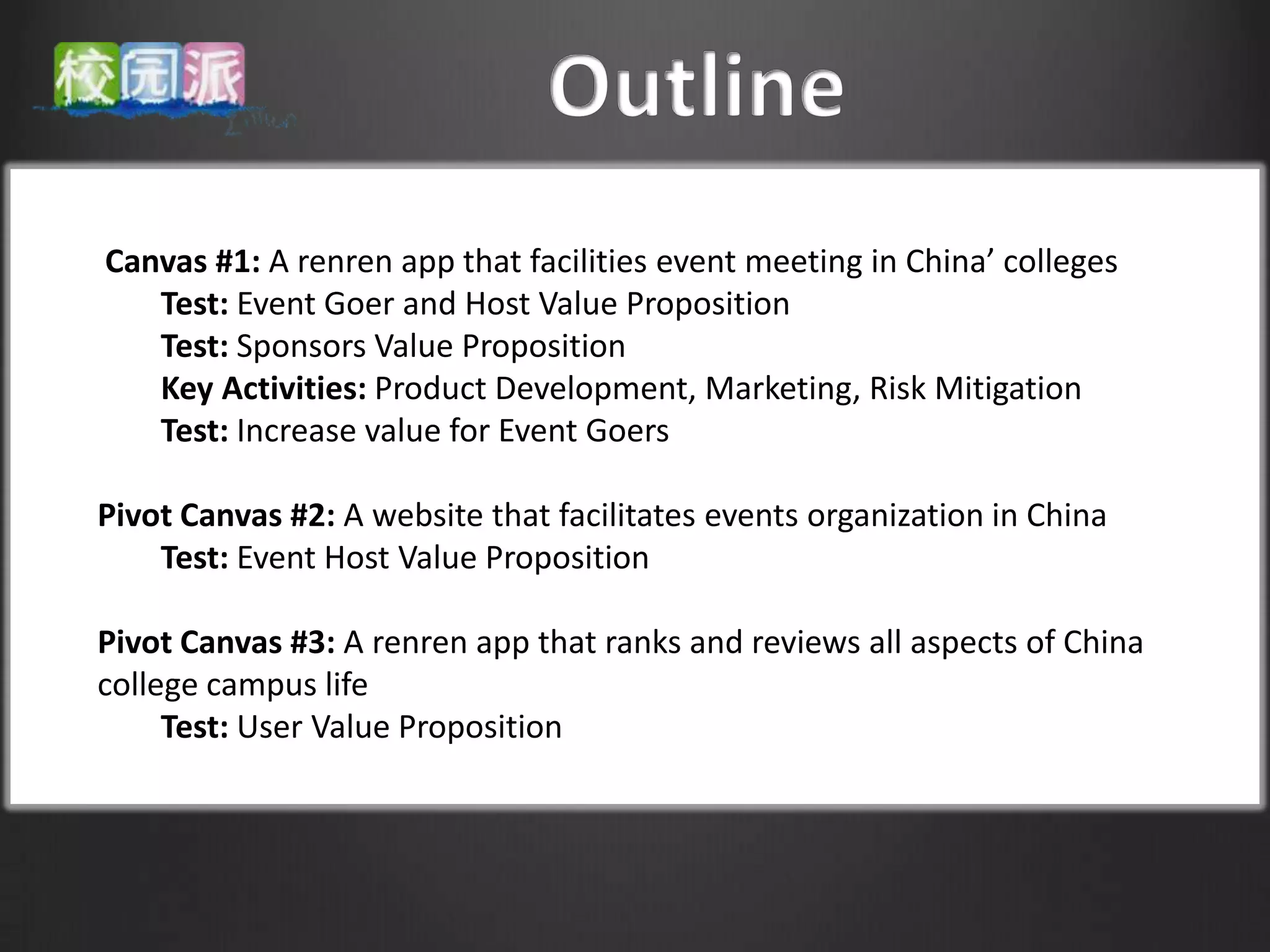 Canvas #1: A renren app that facilities event meeting in China’ colleges
   Test: Event Goer and Host Value Proposition
   Test: Sponsors Value Proposition
   Key Activities: Product Development, Marketing, Risk Mitigation
   Test: Increase value for Event Goers

Pivot Canvas #2: A website that facilitates events organization in China
    Test: Event Host Value Proposition

Pivot Canvas #3: A renren app that ranks and reviews all aspects of China
college campus life
     Test: User Value Proposition
 
