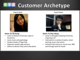 Event Host                                     Event Goer




Name: An Qi Huang                          Name: Yu Zhou Wang
• Junior at Wuhan University, major in     • Junior at Shanghai Jiaotong University,
  Economics                                  majoring in EE
• Loves music and psychology               • Interested in a variety of sports, street
• Student leader of Yoga Club                dancing, music and comics
• Organizes weekly yoga sessions           • Actively finds events on renren.com, BBS
• Wants to attract many event attendants     and through word of mouth
 