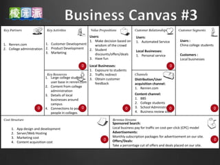 Users:                          Users:
                                                  1. Make decision based on       1. Automated Service          Users :
1. Renren.com             1. Customer Development    wisdom of the crowd                                        China college students
2. College administration 2. Product Development  2. Student
                          3. Marketing                                            Local Businesses:
                                                     discounts/offers/deals       1. Personal service           Customers :
                                                  3. Have fun                                                   Local businesses
                                                0     Local Businesses:                                  0
                                                      1. Exposure to students
                                                      2. Traffic redirect
                         1.   Large college student   3. Obtain customer          Distribution/User
                              user base in renren.com    feedback                 acquisition channel:
                         2.   Content from college                                1. Renren.com
                              administration
                         3.   Details of local                                    Content channel:
                              businesses around                                   1. BBS
                              campus                                              2. College students
                     0   4.                        0
                              Connections to popular                        0     3. School Administration
                                                                                                         0                               0
                              people in colleges                                  4. Business review sites


                                                                   Sponsored Search:
    1.   App design and development                                Local business pay for traffic on cost-per-click (CPC) model
    2.   Server/Web Hosting                                        Advertisements:
    3.   Marketing cost                                            Monthly subscription packages for advertisement on our site.
                                                              0    Offers/Deals:                                                         0
    4.   Content acquisition cost
                                                                   Take a percentage cut of offers and deals placed on our site.
 