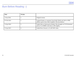 © 2015 IBM Corporation38
Burn Before Reading :-)
Date Version
13 Jan 2014 1 Original version
07 Feb 2014 2 Updated thanks to comments from Kathy Walsh and slide on DB2
address spaces from John Campbell. Also has abstract.
13 Apr 2014 3 Added slide on Subcapacity Models. Plus thoughts on V10 Estimation
and on % of DBM1 work that is zIIP-eligible.
15 Apr 2015 4 Added Horst Sinram's z13 zIIP SMT slides
 