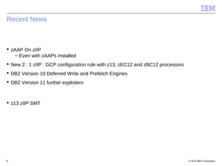 © 2015 IBM Corporation6
Recent News
 zAAP On zIIP
– Even with zAAPs installed
 New 2 : 1 zIIP : GCP configuration rule with z13, zEC12 and zBC12 processors
 DB2 Version 10 Deferred Write and Prefetch Engines
 DB2 Version 11 further exploiters
 z13 zIIP SMT
 