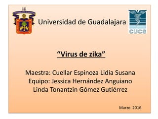 Universidad de Guadalajara
“Virus de zika”
Maestra: Cuellar Espinoza Lidia Susana
Equipo: Jessica Hernández Anguiano
Linda Tonantzin Gómez Gutiérrez
Marzo 2016
 