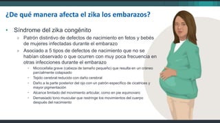 • Síndrome del zika congénito
» Patrón distintivo de defectos de nacimiento en fetos y bebés
de mujeres infectadas durante el embarazo
» Asociado a 5 tipos de defectos de nacimiento que no se
habían observado o que ocurren con muy poca frecuencia en
otras infecciones durante el embarazo
• Microcefalia grave (cabeza de tamaño pequeño) que resulta en un cráneo
parcialmente colapsado
• Tejido cerebral reducido con daño cerebral
• Daño a la parte posterior del ojo con un patrón específico de cicatrices y
mayor pigmentación
• Alcance limitado del movimiento articular, como en pie equinovaro
• Demasiado tono muscular que restringe los movimientos del cuerpo
después del nacimiento
¿De qué manera afecta el zika los embarazos?
 