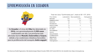 EPIDEMIOLOGÍA EN ECUADOR
Pan American Health Organization. Zika Epidemiological Report Ecuador. PAHO; 2017 [cited 2024 Oct 12]. Available from: https://www.paho.org
En Ecuador, el virus del Zika fue detectado en
2016, con aproximadamente 3,300 casos
confirmados ese año. Las provincias más
afectadas fueron Manabí, Esmeraldas y Guayas,
debido a las condiciones climáticas favorables
para la proliferación del mosquito Aedes aegypti.
 