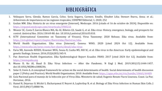 bibliográfica
1. Velásquez Serra, Glenda; Ramos García, Celso; Soria Segarra, Carmen; Estallo, Elizabet Lilia; Stewart Ibarra, Anna; et al.;
Arbovirosis de importancia en las regiones tropicales; CIDEPRO Editorial; 1; 2020; 252
2. Gozlan MM. Zika: Historia de un virus emergente [Internet]. Medscape. 2016 [citado el 16 de octubre de 2024]. Disponible en:
https://espanol.medscape.com/verarticulo/5900216
3. Weaver SC, Costa F, Garcia-Blanco MA, Ko AI, Ribeiro GS, Saade G, et al. Zika virus: History, emergence, biology, and prospects for
control. Antiviral Res. 2016;130:69-80. doi: 10.1016/j.antiviral.2016.03.010.
4. ICTV (International Committee on Taxonomy of Viruses). Virus Taxonomy: 2020 Release. Zika virus. Available from:
https://ictv.global/report/chapter/flaviviridae/flavivirus/zika.
5. World Health Organization. Zika virus [Internet]. Geneva: WHO; 2020 [cited 2024 Oct 12]. Available from:
https://www.who.int/news-room/fact-sheets/detail/zika-virus
6. Faria NR, Azevedo RDSDS, Kraemer MUG, Souza R, Cunha MS, Hill SC, et al. Zika virus in the Americas: Early epidemiological and
genetic findings. Science. 2016;352(6283):345-9.
7. Pan American Health Organization. Zika Epidemiological Report Ecuador. PAHO; 2017 [cited 2024 Oct 12]. Available from:
https://www.paho.org
8. Musso D, Ko AI, Baud D. Zika Virus Infection — After the Pandemic. N Engl J Med. 2019;381(15):1444-1457.
doi:10.1056/NEJMra1808246.
9. Solar O, Irwin A. A conceptual framework for action on the social determinants of health: Social determinants of health discussion
paper 2 (Policy and Practice). World Health Organization; 2010. Available from: https://apps.who.int/iris/handle/10665/44489
10. Guía Nacional para el manejo de la Infección por el Virus Zika. Ministerio de salud; Eugenio Renato Yucra Lizarazu. Coaut. La Paz:
Dorismac, 2016.
11. Hamel R, Dejarnac O, Wichit S, Ekchariyawat P, Neyret A, Luplertlop N, et al. Biology of Zika Virus Infection in Human Skin Cells. J
Virol. 2015;89(17):8880-96.
 