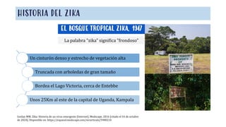 HISTORIA DEL SIKA
Un cinturón denso y estrecho de vegetación alta
Truncada con arboledas de gran tamaño
Bordea el Lago Victoria, cerca de Entebbe
Unos 25Km al este de la capital de Uganda, Kampala
HISTORIA DEL ZIKA
EL BOSQUE TROPICAL ZIKA, 1947
La palabra "zika" significa "frondoso"
Gozlan MM. Zika: Historia de un virus emergente [Internet]. Medscape. 2016 [citado el 16 de octubre
de 2024]. Disponible en: https://espanol.medscape.com/verarticulo/5900216
 