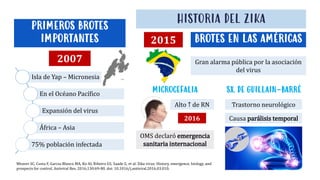 Isla de Yap – Micronesia
En el Océano Pacífico
Expansión del virus
África – Asia
75% población infectada
HISTORIA DEL ZIKA
PRIMEROS BROTES
IMPORTANTES BROTES EN LAS AMÉRICAS
2007
2015
Gran alarma pública por la asociación
del virus
MICROCEFALIA SX. DE GUILLAIN-BARRÉ
Alto ↑ de RN
OMS declaró emergencia
sanitaria internacional
2016
Trastorno neurológico
Causa parálisis temporal
Weaver SC, Costa F, Garcia-Blanco MA, Ko AI, Ribeiro GS, Saade G, et al. Zika virus: History, emergence, biology, and
prospects for control. Antiviral Res. 2016;130:69-80. doi: 10.1016/j.antiviral.2016.03.010.
 